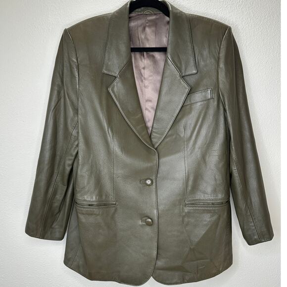 Faux Leather Green Brown Collared Front Button Blazer Jacket XL - Picture 8 of 16